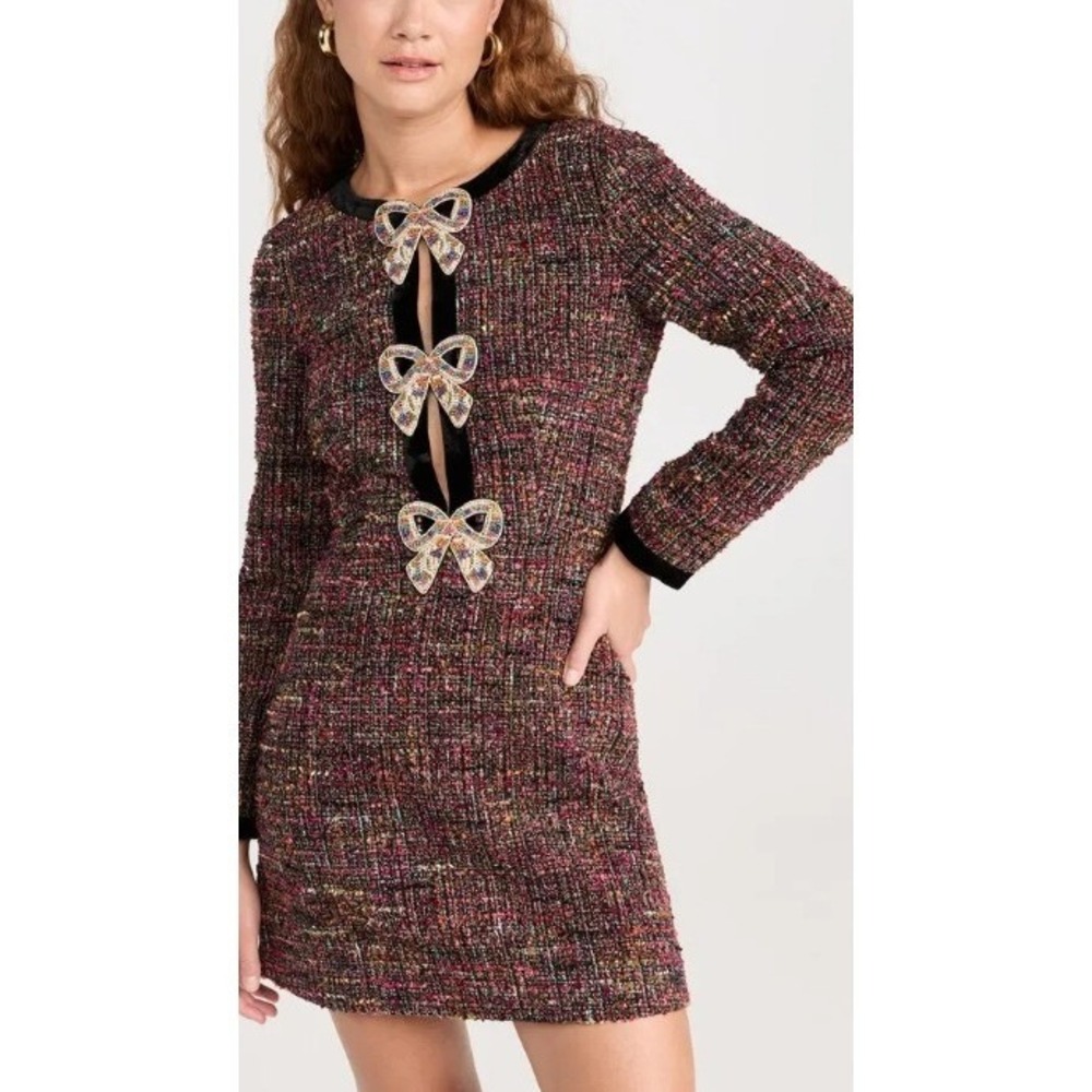 Saloni NWT Camille Short-C Tweed Mini Dress Velvet Bows Multi Autumnal Size 10